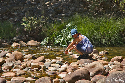 stepping stones, sabrina on merced river, yosemite california